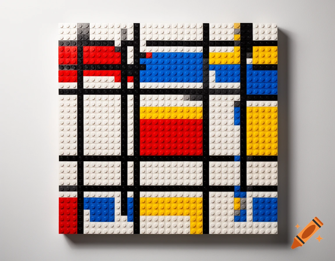 A square artwork made of white, black, red, blue, and yellow Lego bricks, resembling a Piet Mondrian painting.
