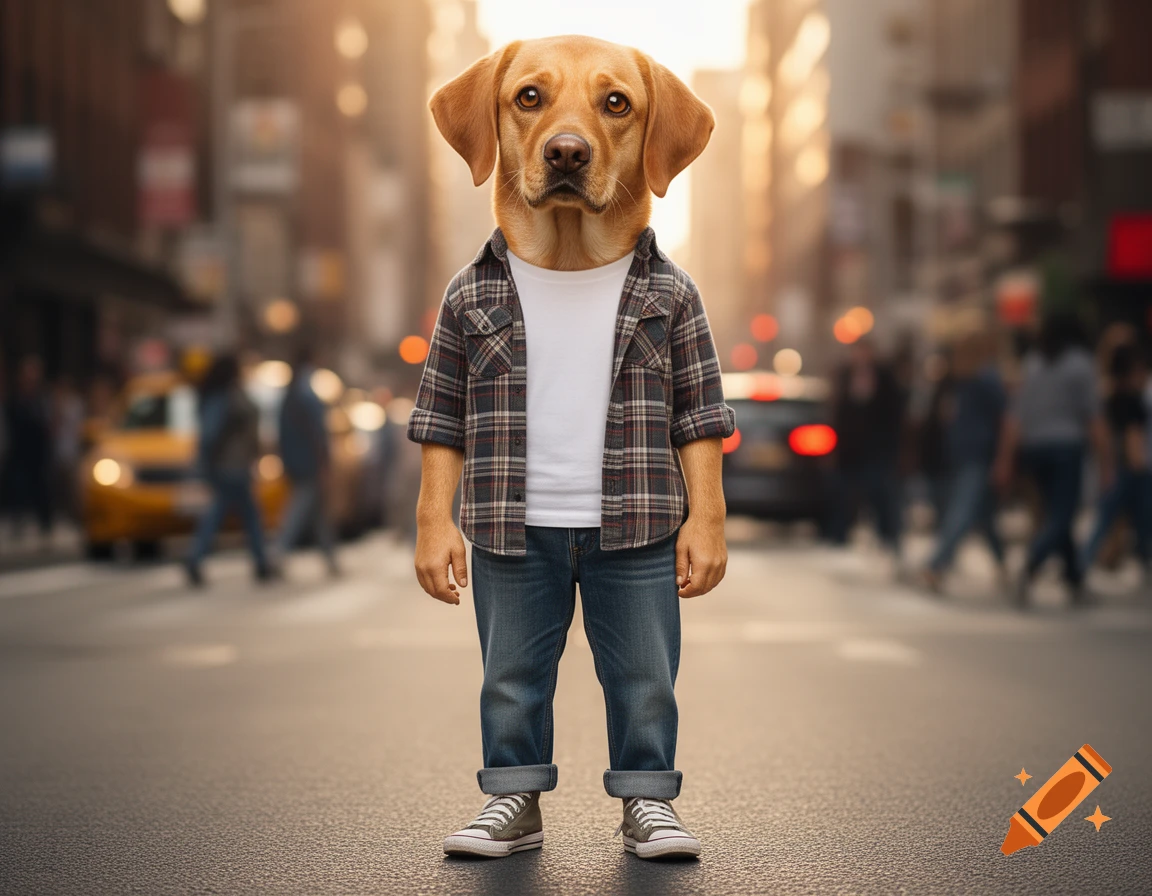 A photorealistic anthropomorphic Labrador dog dressed in a plaid shirt, white t-shirt, jeans, and sneakers stands on a blurry city street.