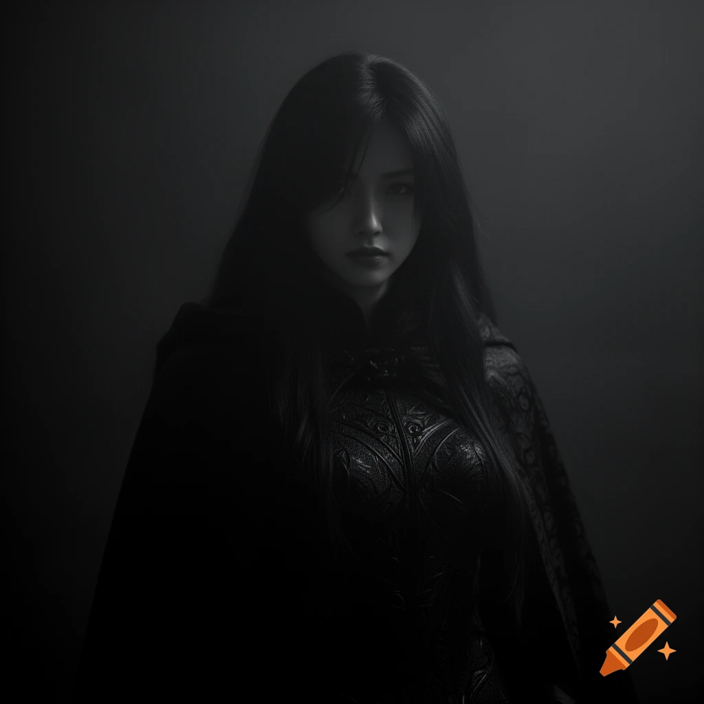 A serious woman with long dark hair and ornate black armor emerges from shadows, looking directly forward.