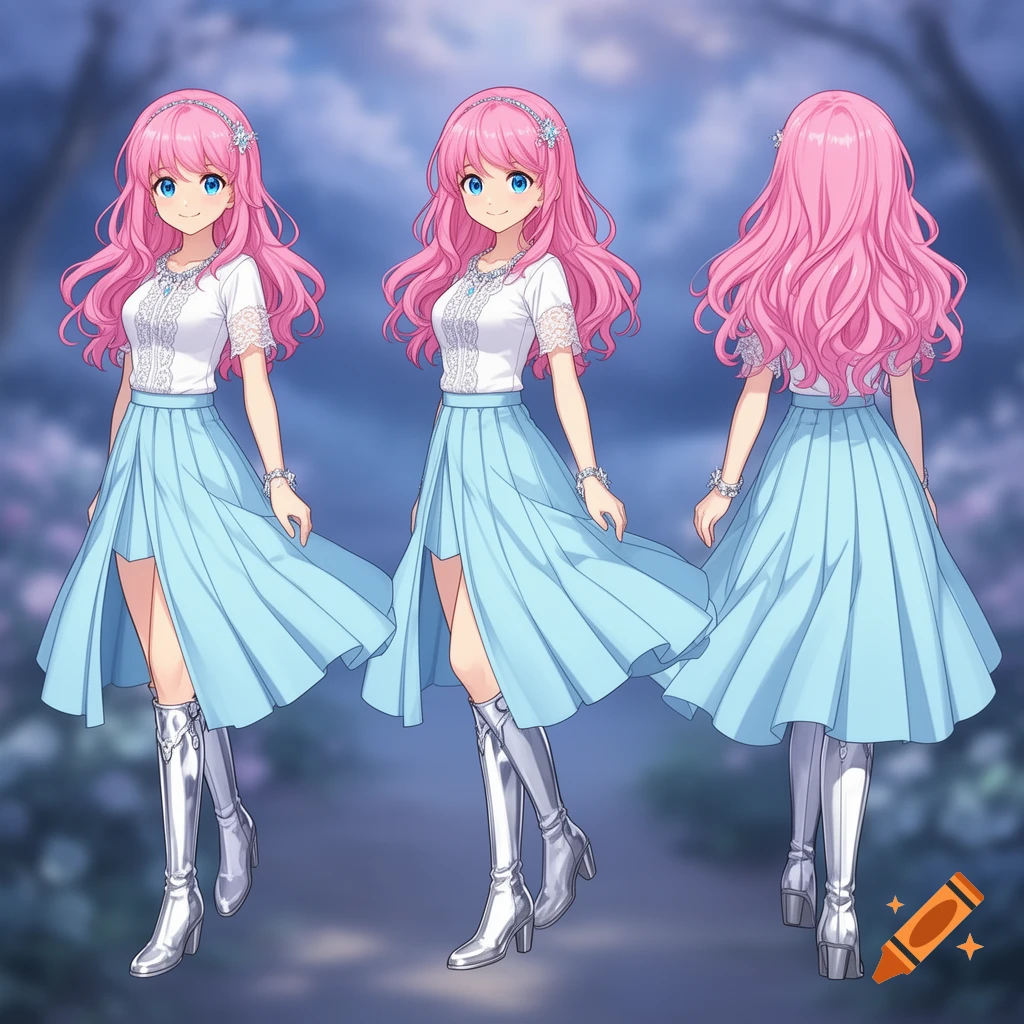 Anime girl with pink hair and blue eyes, wearing a white top, blue skirt, and silver boots, shown in front, side, and back turnaround views.