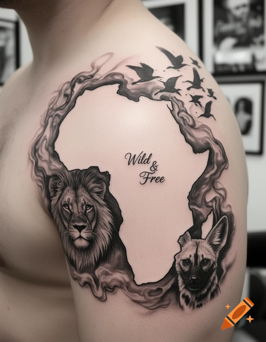 Realistic black and grey tattoo on a man's shoulder featuring the African continent in negative space, with a lion, wild dog, birds, and text "Wild & Free".