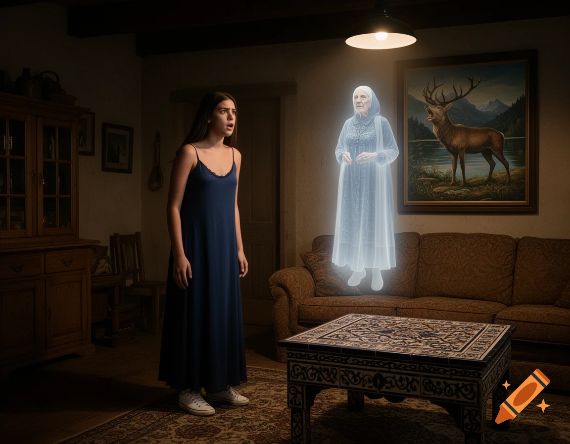 A young woman in a blue dress stares, startled, at a translucent old ghost floating in a dimly lit, rustic room.