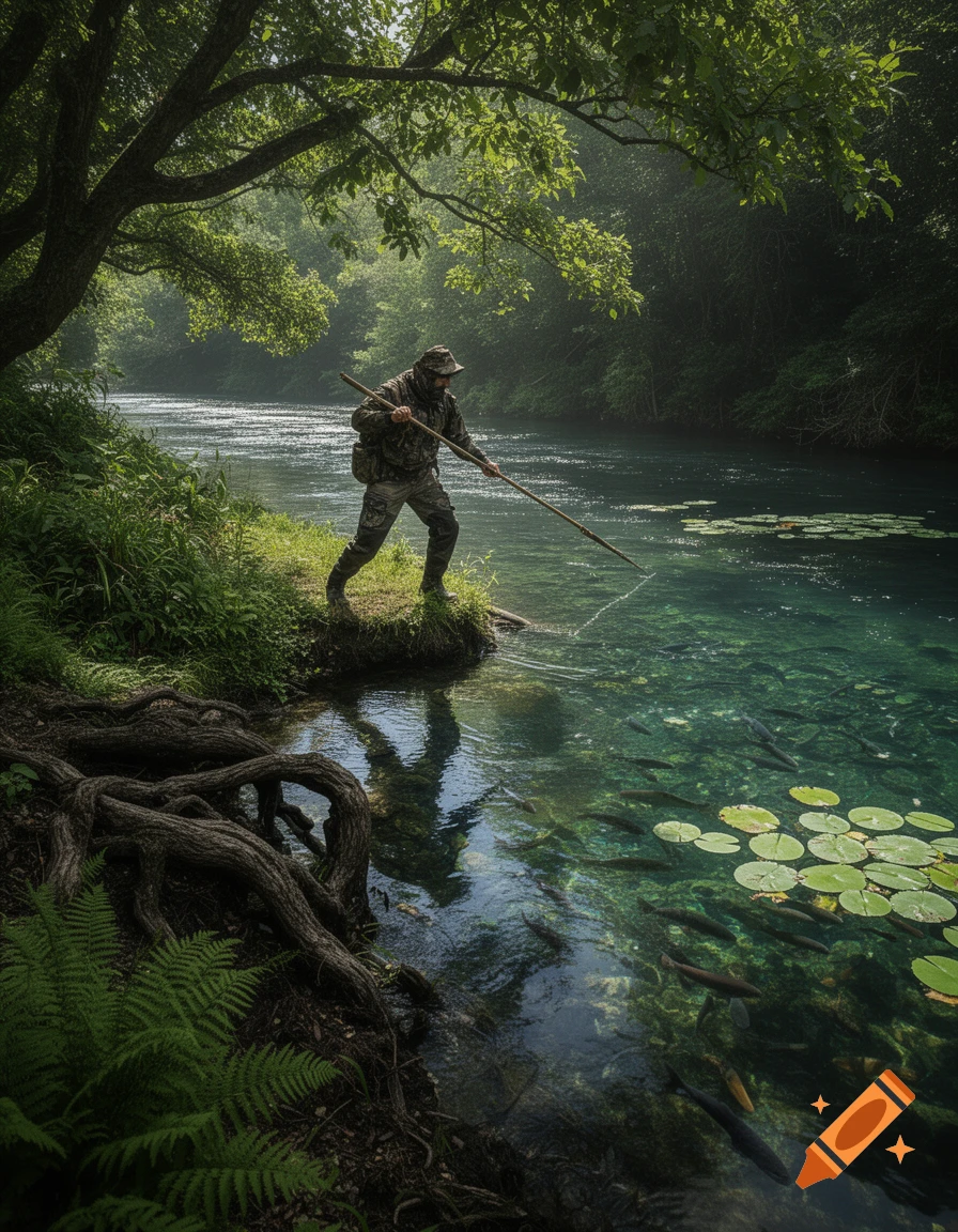A camouflaged person stands at the edge of a clear river with a spear, surrounded by lush trees and visible fish.