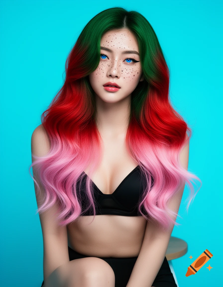 A high-fashion portrait of a K-Pop girl with green, red, and pink hair, freckles, and electric-blue eyes, wearing a black bra.
