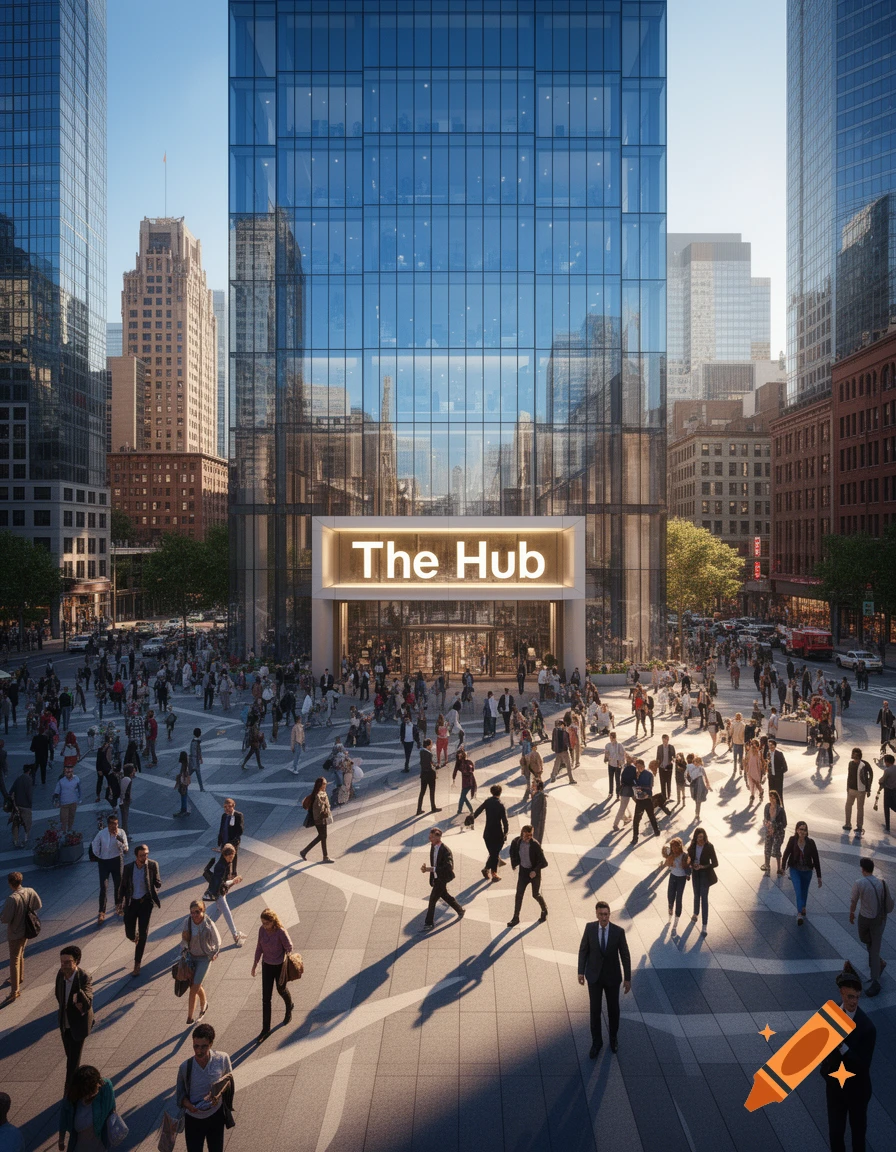 A photorealistic view of a modern glass skyscraper, 'The Hub', in a bustling city square filled with pedestrians.