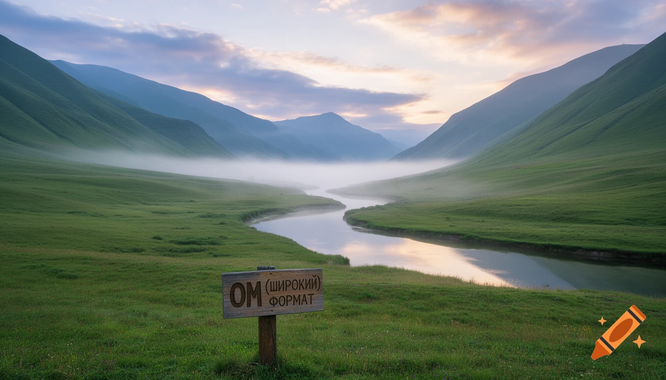 A serene valley with green rolling hills, a winding river, and mist under a colorful sky, with a wooden sign in the foreground.