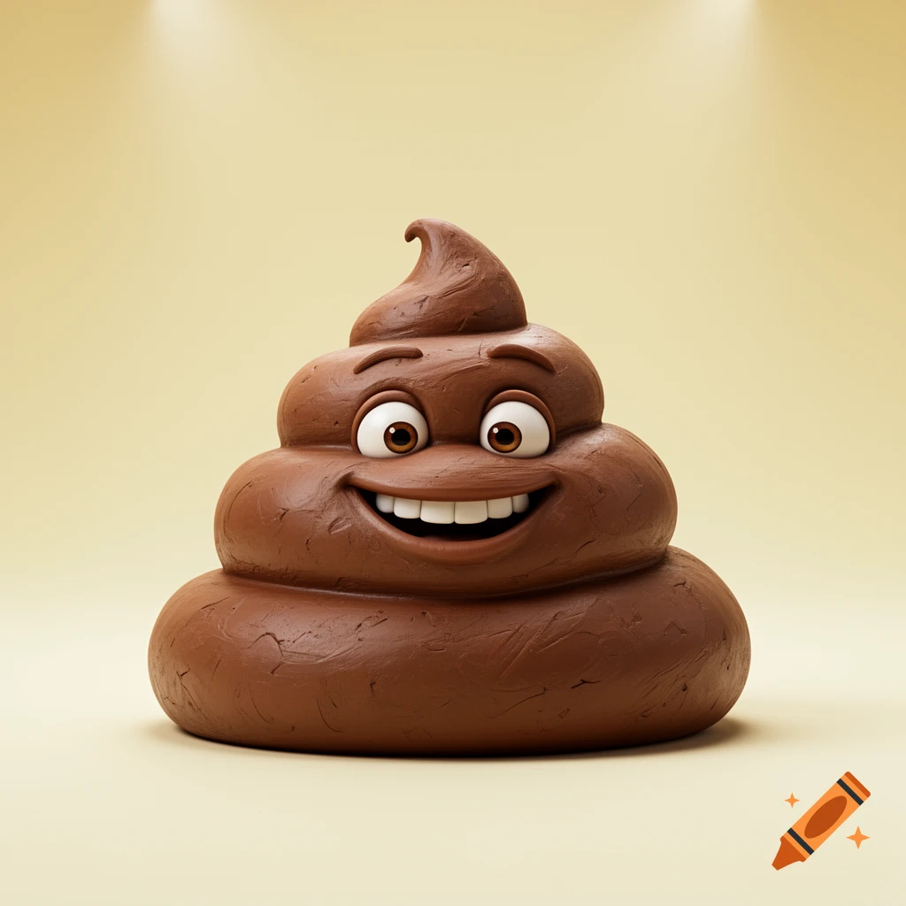 A 3D rendering of a smiling brown poop emoji with big white eyes and a wide grin, on a light yellow background.