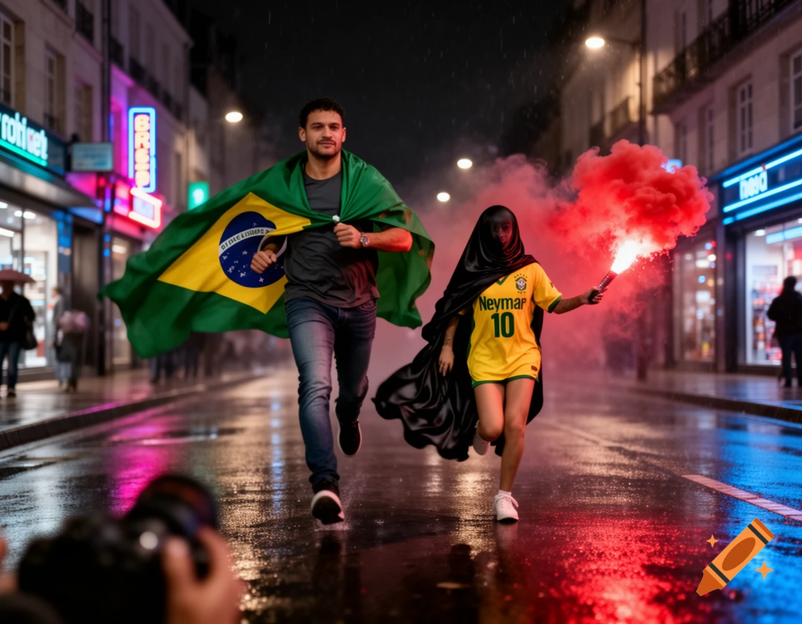 Two people run on a wet city street at night. A man wears a Brazilian flag, and a woman in a Neymar jersey holds a red flare.