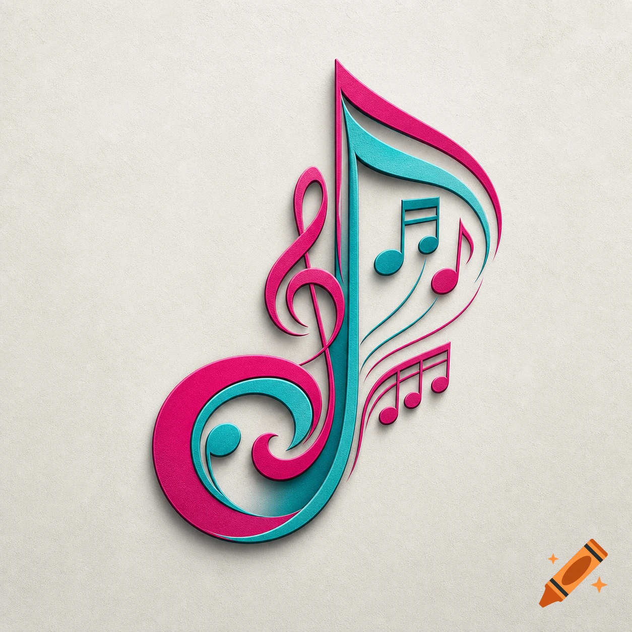A stylized logo featuring a large magenta and teal musical note, adorned with smaller musical notes and a treble clef, on a light textured background.