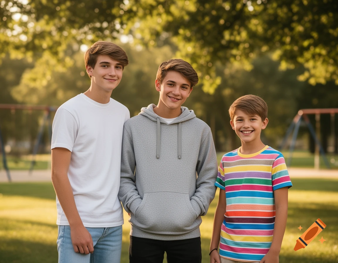Three smiling young males of different ages stand together in a sunny park with trees and playground equipment in the background.