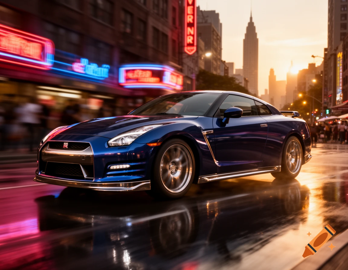 A blue Nissan GT-R sports car drives on a wet city street at sunset with neon signs and skyscrapers in the background, photorealistic.