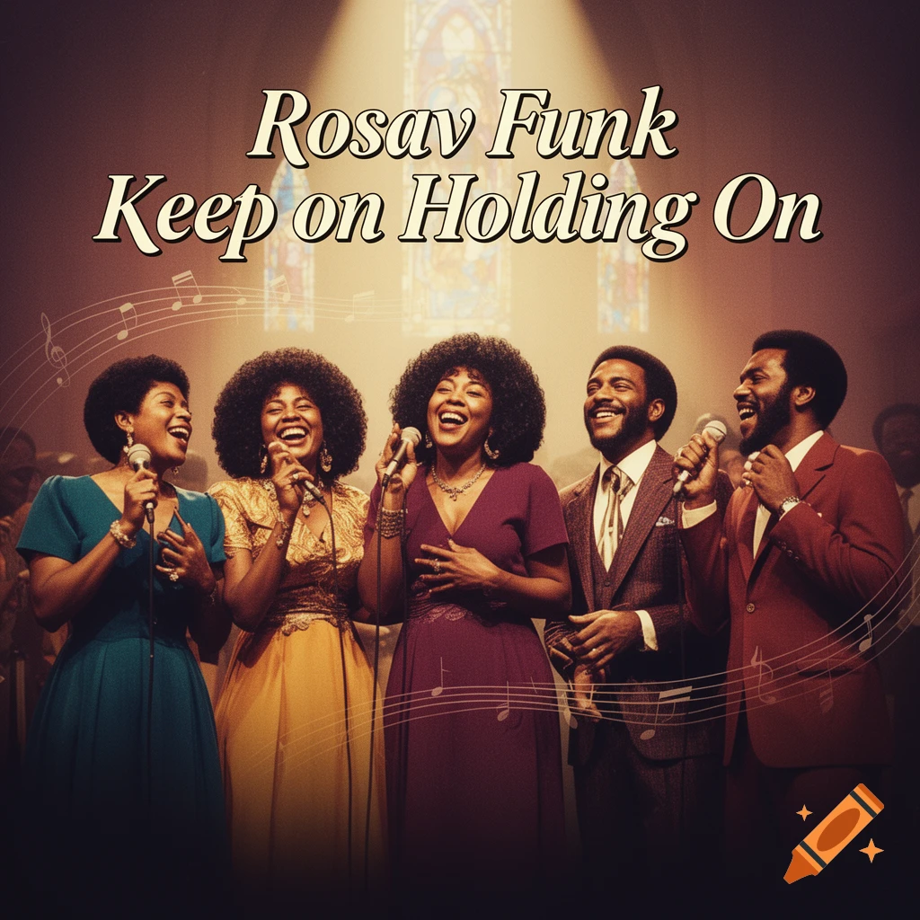 Five smiling African American singers perform with microphones in a vintage album cover style. Text: Rosav Funk Keep on Holding On.
