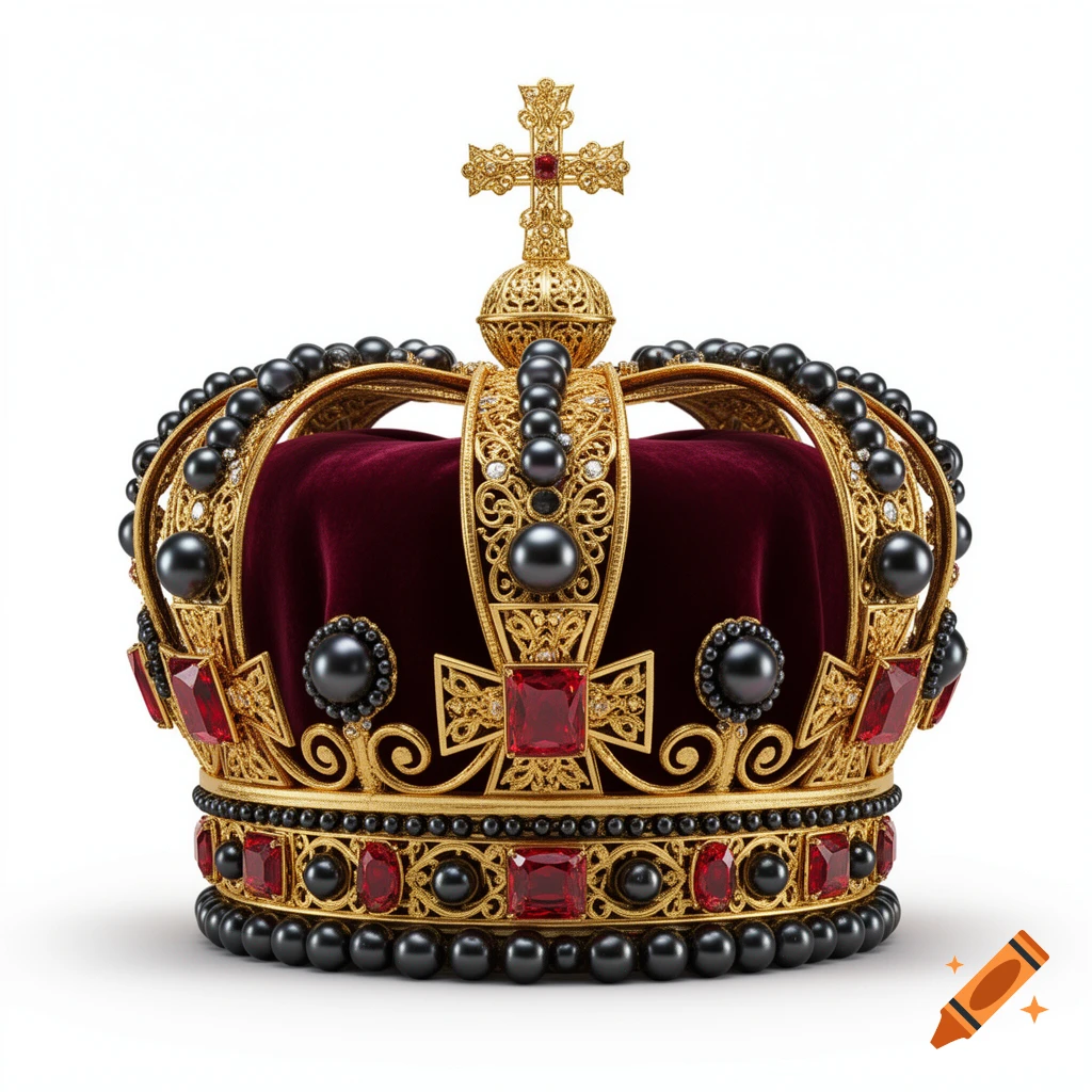 A majestic gold crown with red velvet, adorned with black pearls and red rubies, topped by a golden cross, on white.