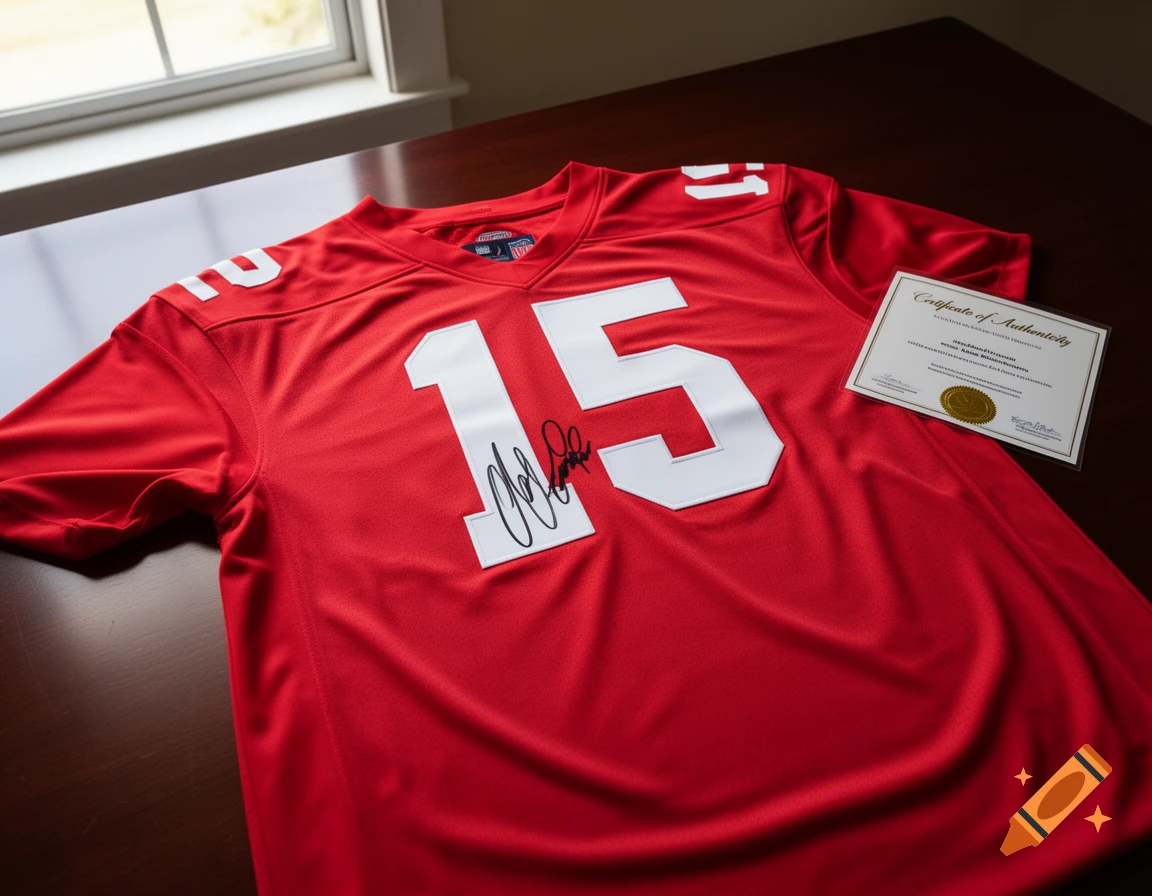 A red football jersey with the number 15 and a black signature, displayed next to a Certificate of Authenticity on a dark wooden table.