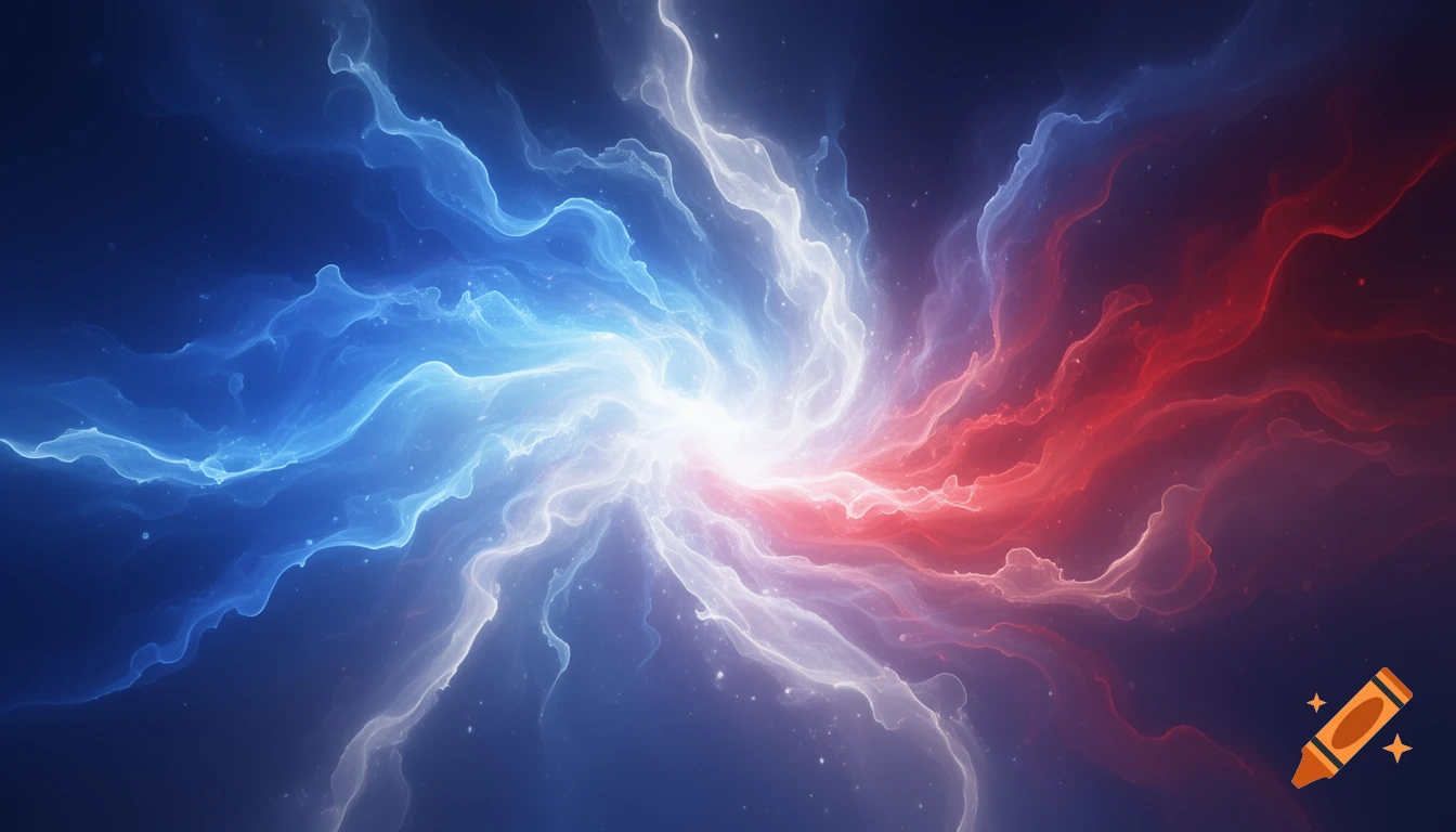 Abstract swirl of blue, white, and red light or energy flowing towards a bright center against a dark background.