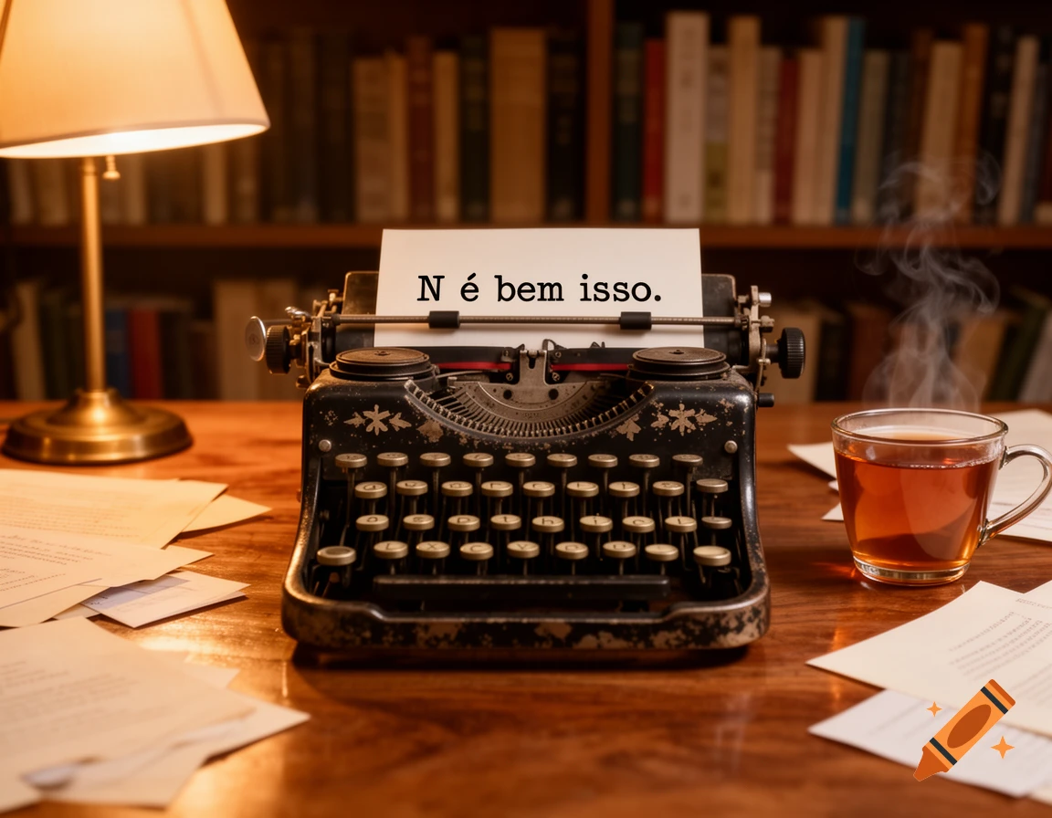 A vintage typewriter with 'N \u00e9 bem isso' on paper, a lamp, and a steaming cup of tea on a wooden desk in front of bookshelves.