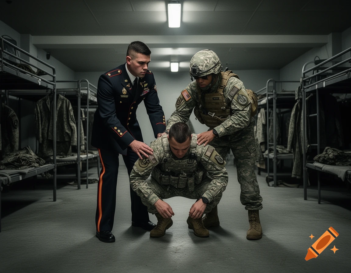 Three soldiers in a barracks, one crouching while two others stand over him with hands on his shoulders. One wears a dress uniform, the others camouflage.