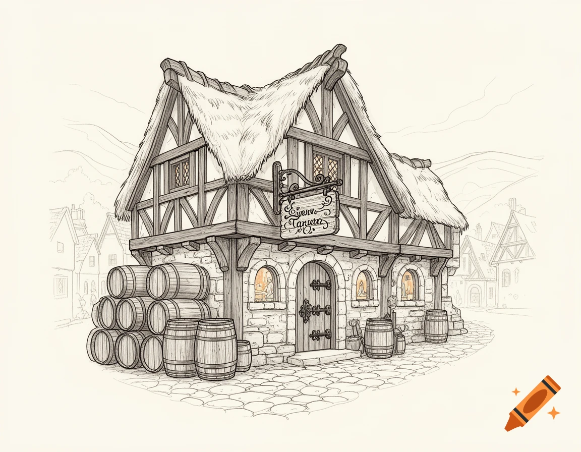 Line art illustration of a medieval tavern with a thatched roof, stone walls, and barrels outside.