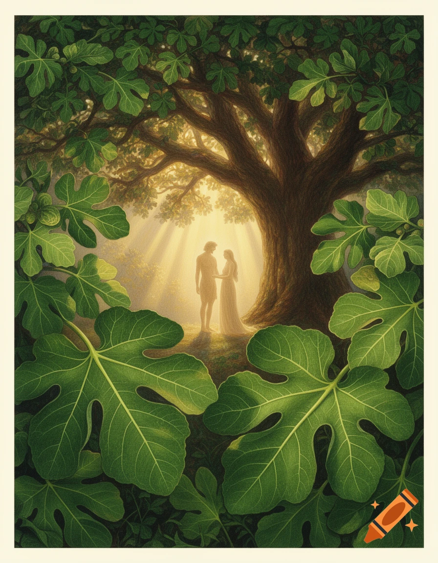 A classical botanical art illustration depicting Adam and Eve as silhouettes under a tree in divine sunlight, framed by large fig leaves.