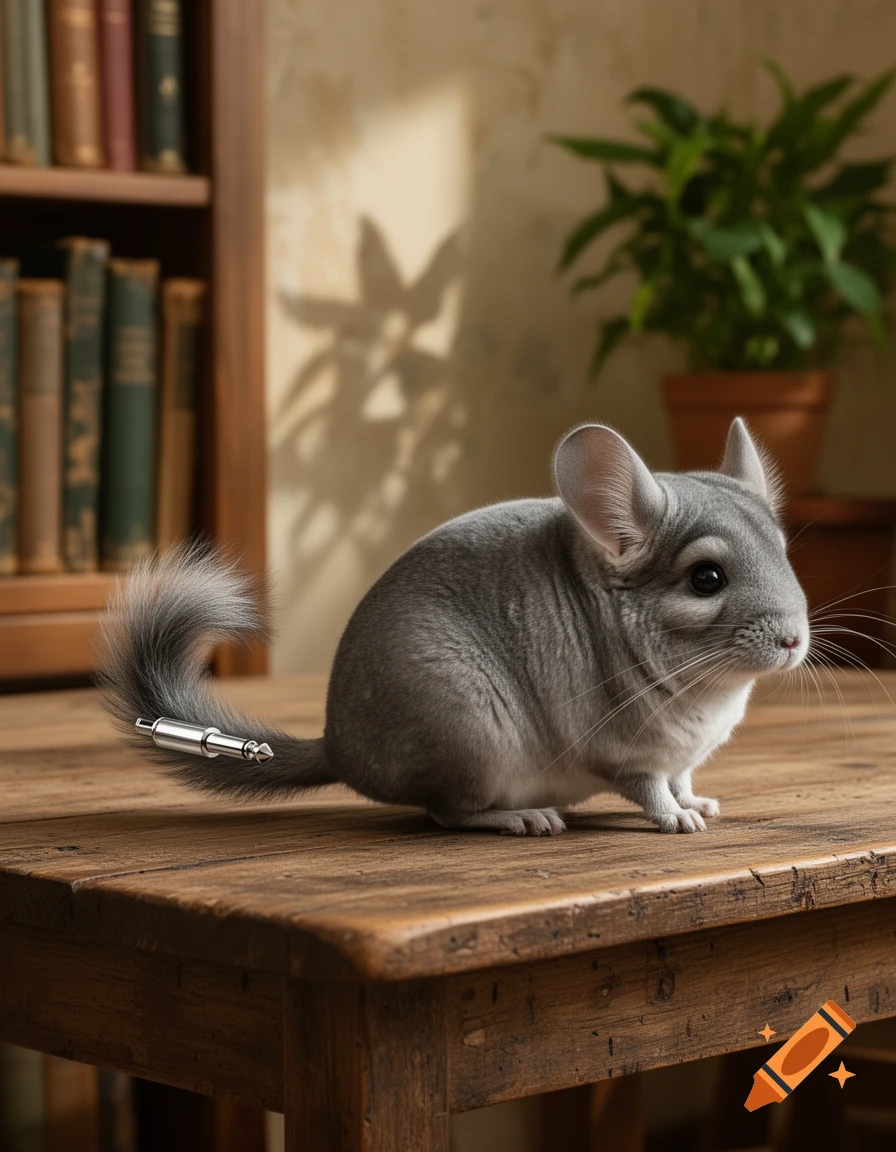A photorealistic chinchilla with an audio jack for a tail sits on a wooden table.