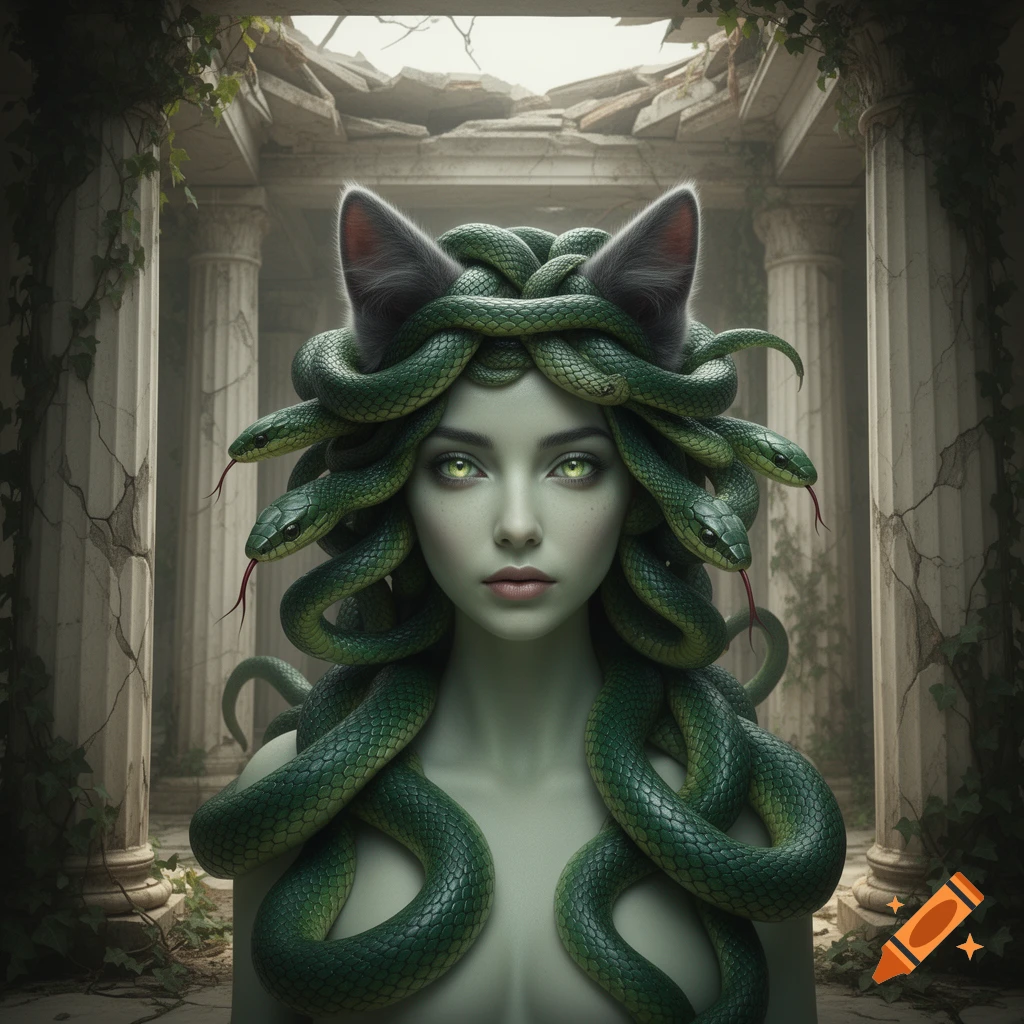 A woman with green skin and glowing eyes, with green snakes for hair and large grey cat ears, stands among ancient ruins.