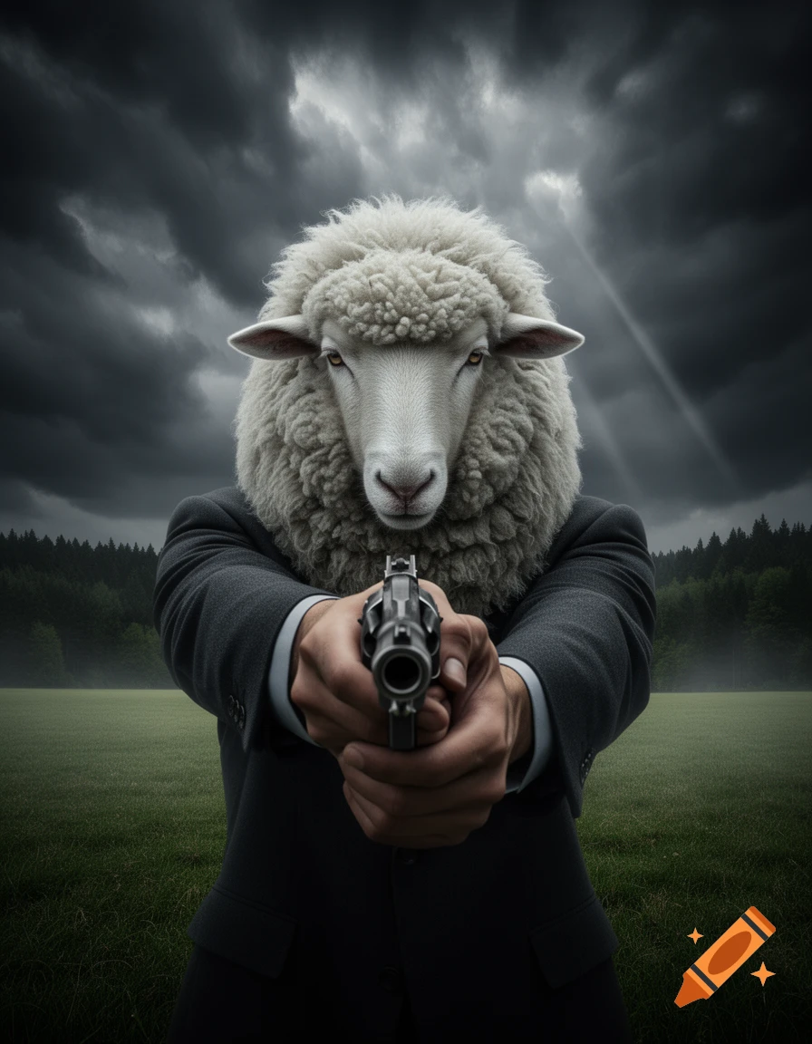 A photorealistic anthropomorphic sheep in a suit aims a revolver at the viewer, standing in a field under a dramatic, stormy sky.