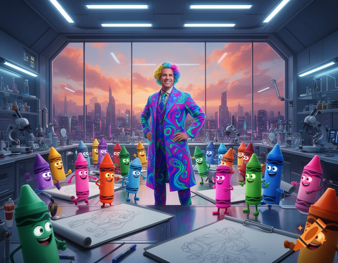 A man in a vibrant, swirly suit and colorful hair stands in a futuristic lab with anthropomorphic crayons, overlooking a city skyline at sunset.