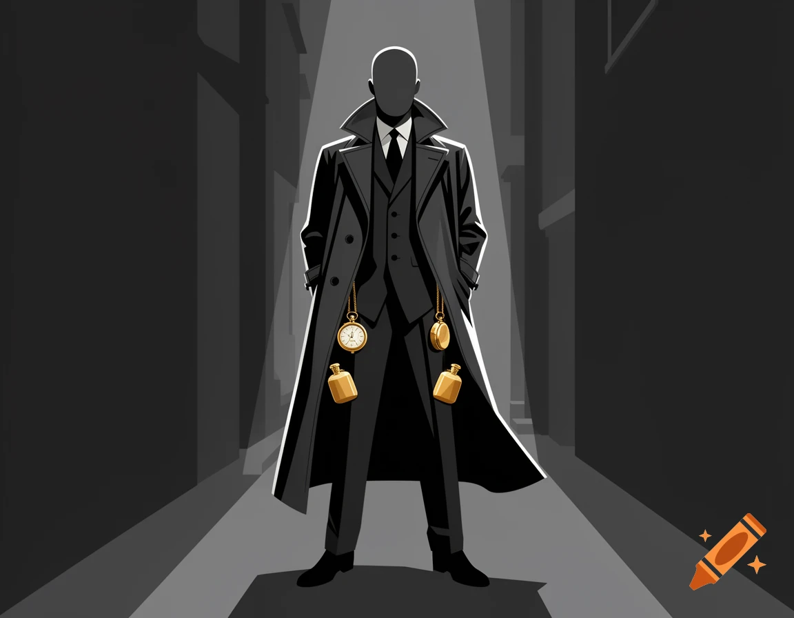 A faceless figure in a trench coat stands in a dimly lit alley, revealing gold pocket watches and flasks. Vector noir style.