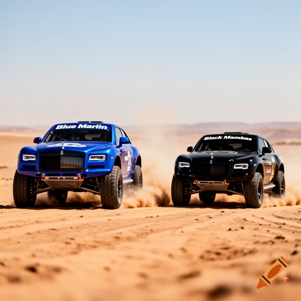 Two custom luxury race cars, blue "Blue Marlin" and black "Black Mambas", race through a desert, kicking up dust.