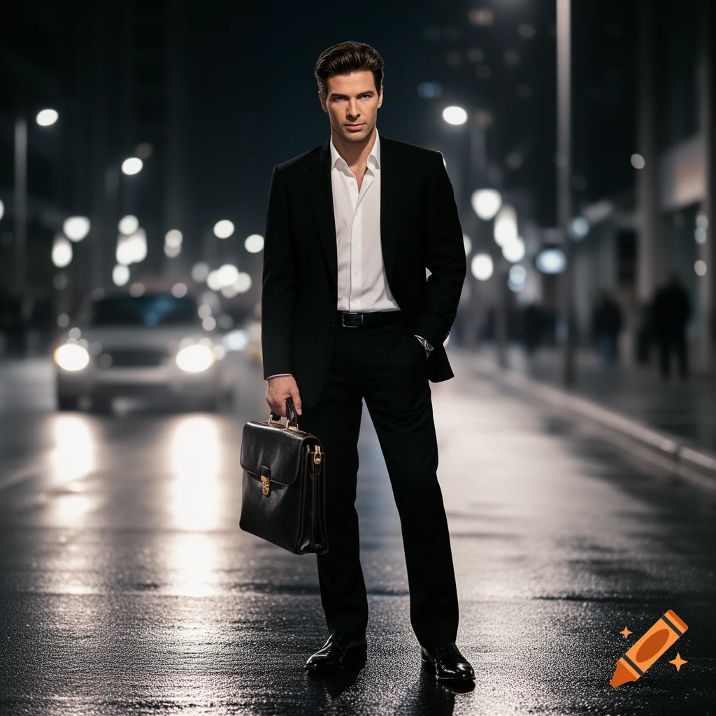 A photorealistic image of a man in a black suit holding a briefcase, standing on a wet city street at night with car headlights in the background.