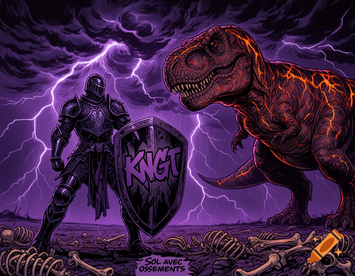 A knight in dark armor stands defiantly against a glowing T-Rex under a stormy purple sky, bones scattered on the ground, in a dark fantasy comic style.