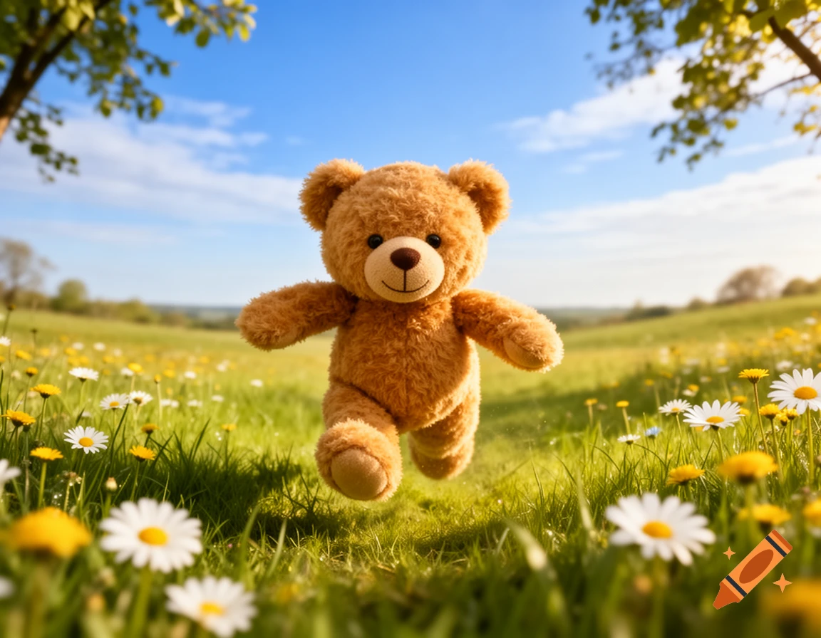 A photorealistic brown teddy bear runs through a sunny green field filled with white daisies and yellow dandelions.