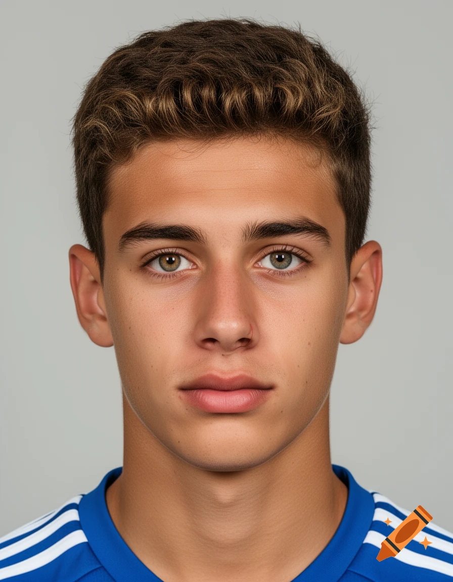 Ultra-photorealistic passport portrait of a young male footballer with short brown hair and heterochromatic eyes, wearing a blue jersey.