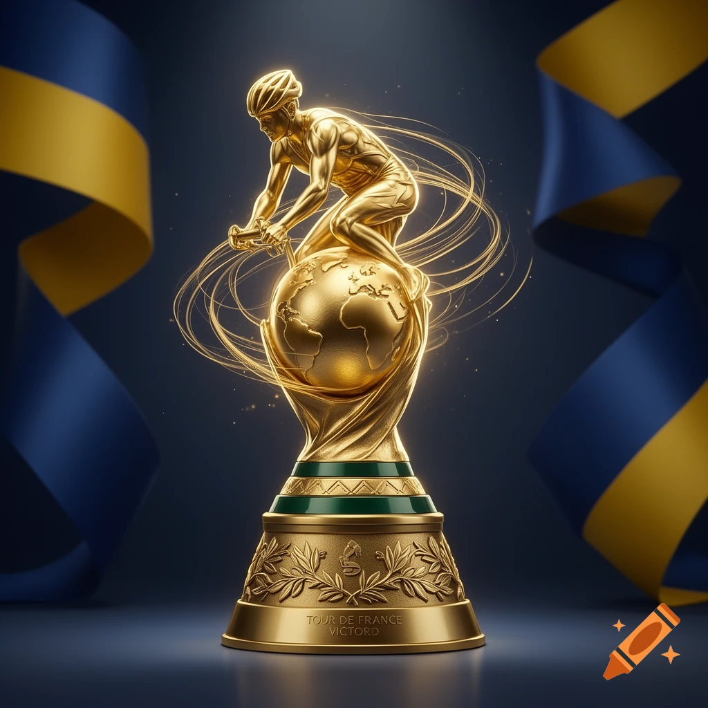 A gleaming golden trophy featuring a cyclist figure on a globe, with blue and gold ribbons in the background.