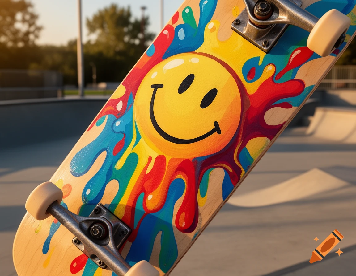 A close-up, photorealistic view of the bottom of a skateboard featuring a colorful, melting smiley face design at a skatepark.