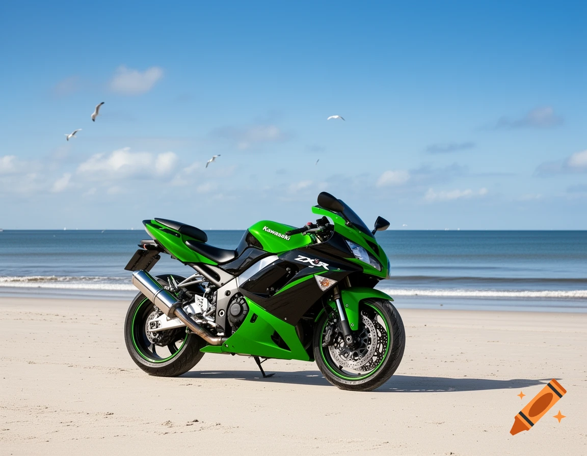 A vibrant green and black Kawasaki motorcycle parked on a sandy beach next to the ocean under a blue sky.