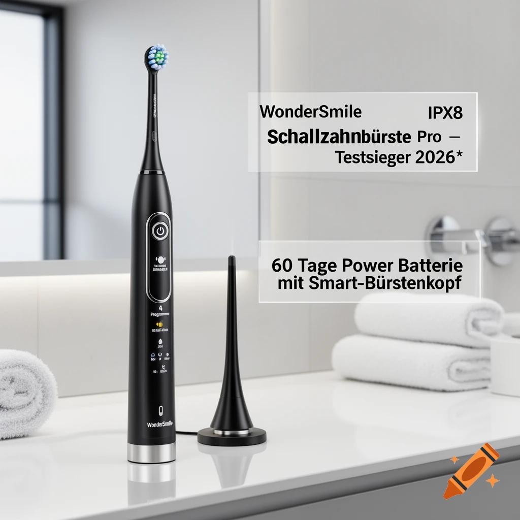A black electric toothbrush and its charging stand sit on a white bathroom counter with two folded white towels.