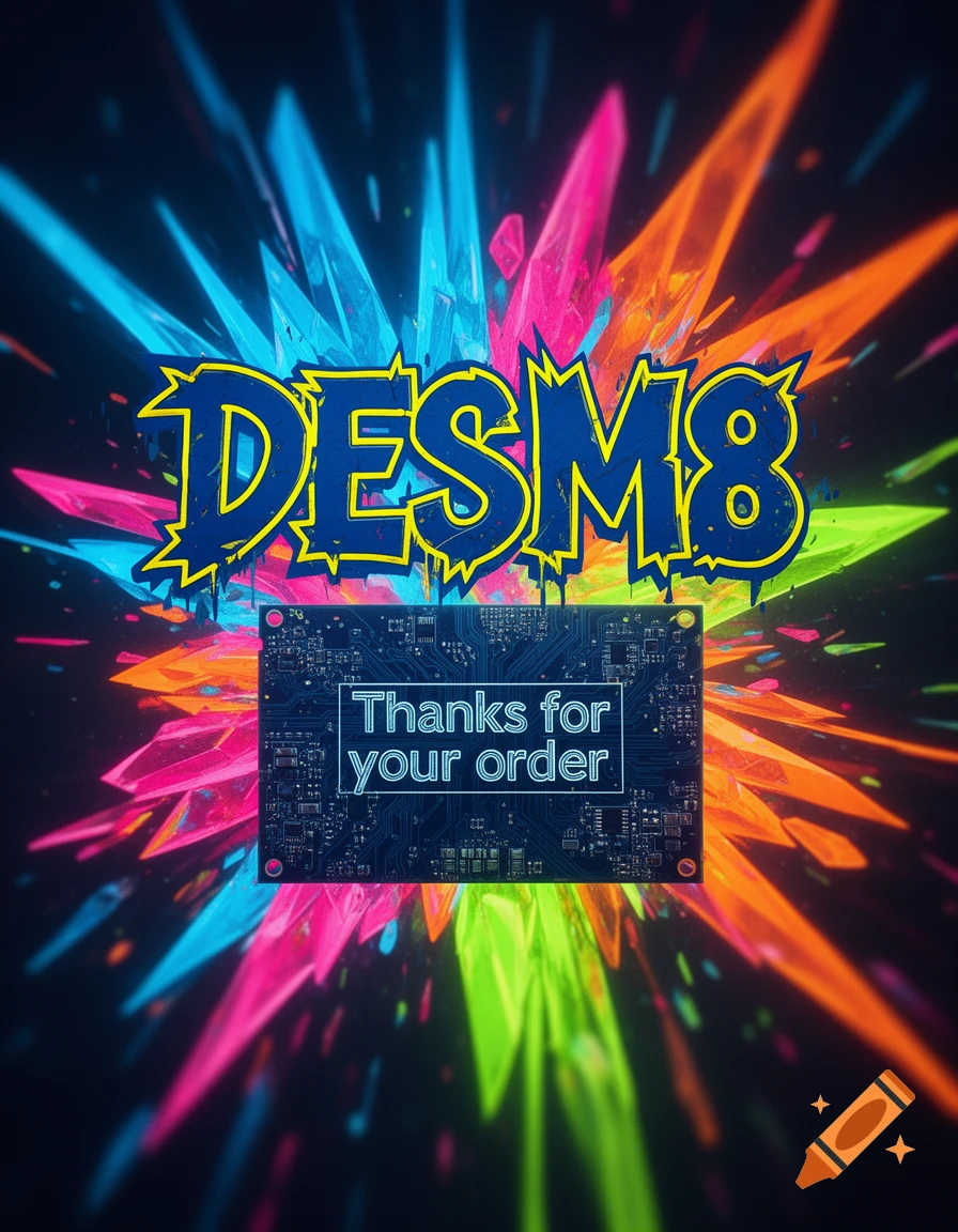Text 'DESM8' and a circuit board with 'Thanks for your order' on a background of bursting neon blue, pink, orange, and green shards.