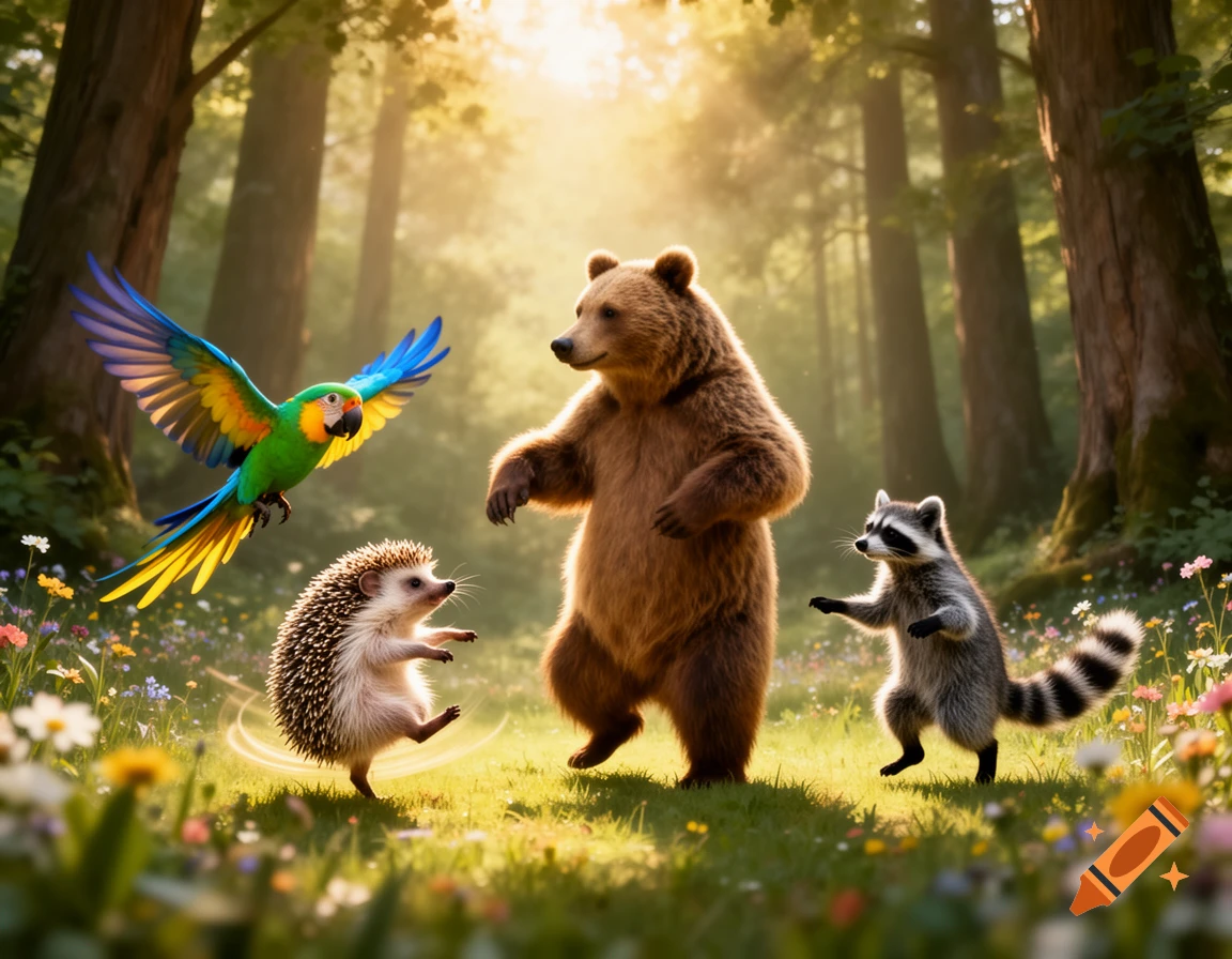 A hedgehog, bear, raccoon, and parrot dance in a sunny forest clearing surrounded by wildflowers, captured in a whimsical, photorealistic style.