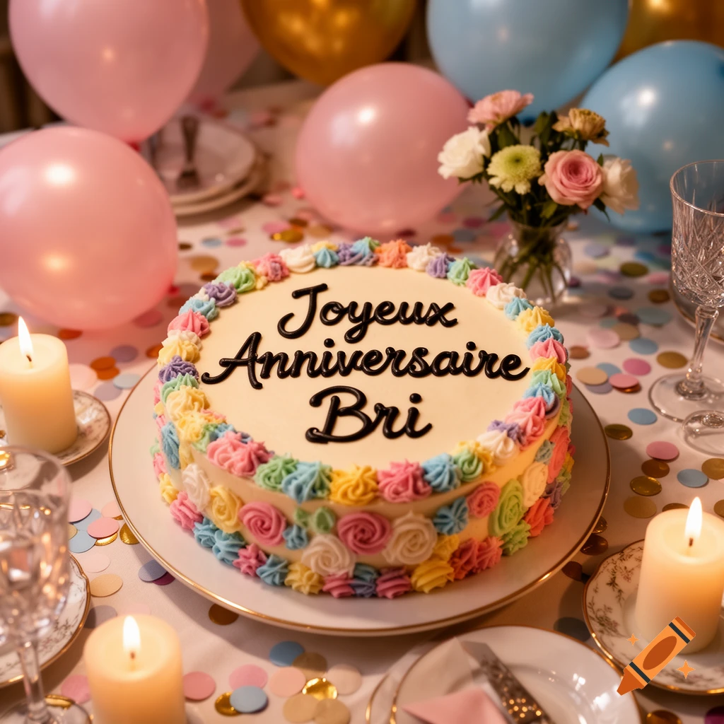 Photorealistic birthday cake with 'Joyeux Anniversaire Bri' in colorful frosting, surrounded by candles, balloons, and confetti.