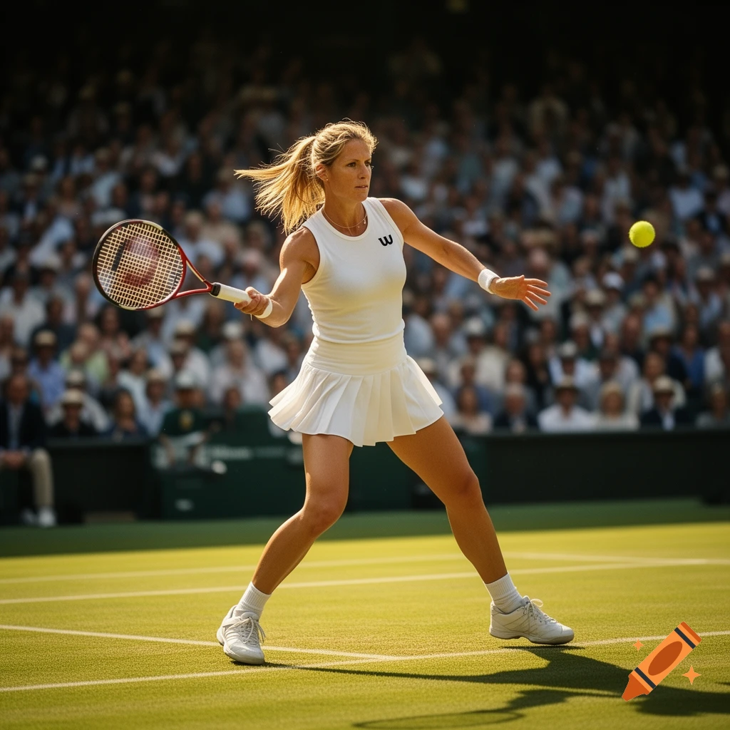 A female tennis player hits a forehand on a grass court during a sunny match, with a blurred crowd.