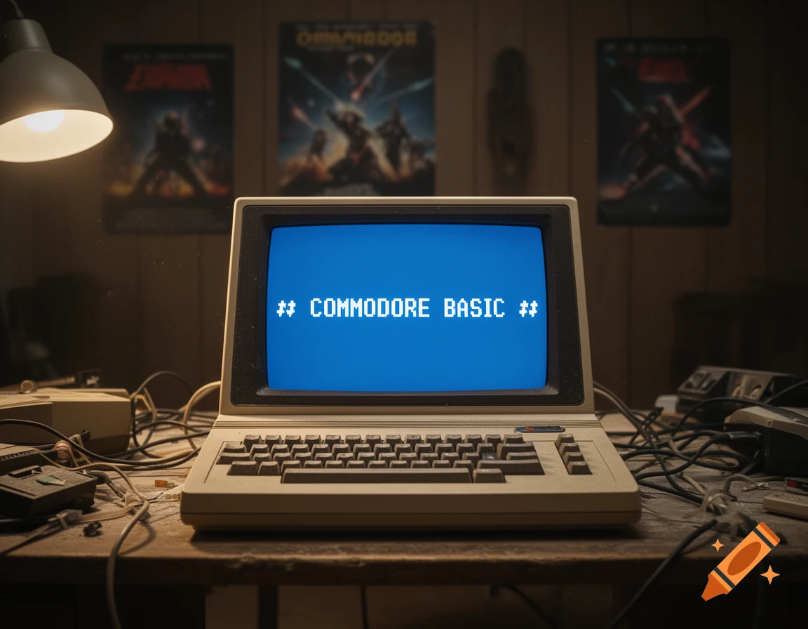 A vintage Commodore computer displaying "## COMMODORE BASIC ##" on a blue screen, surrounded by wires and retro tech on a dusty wooden desk.
