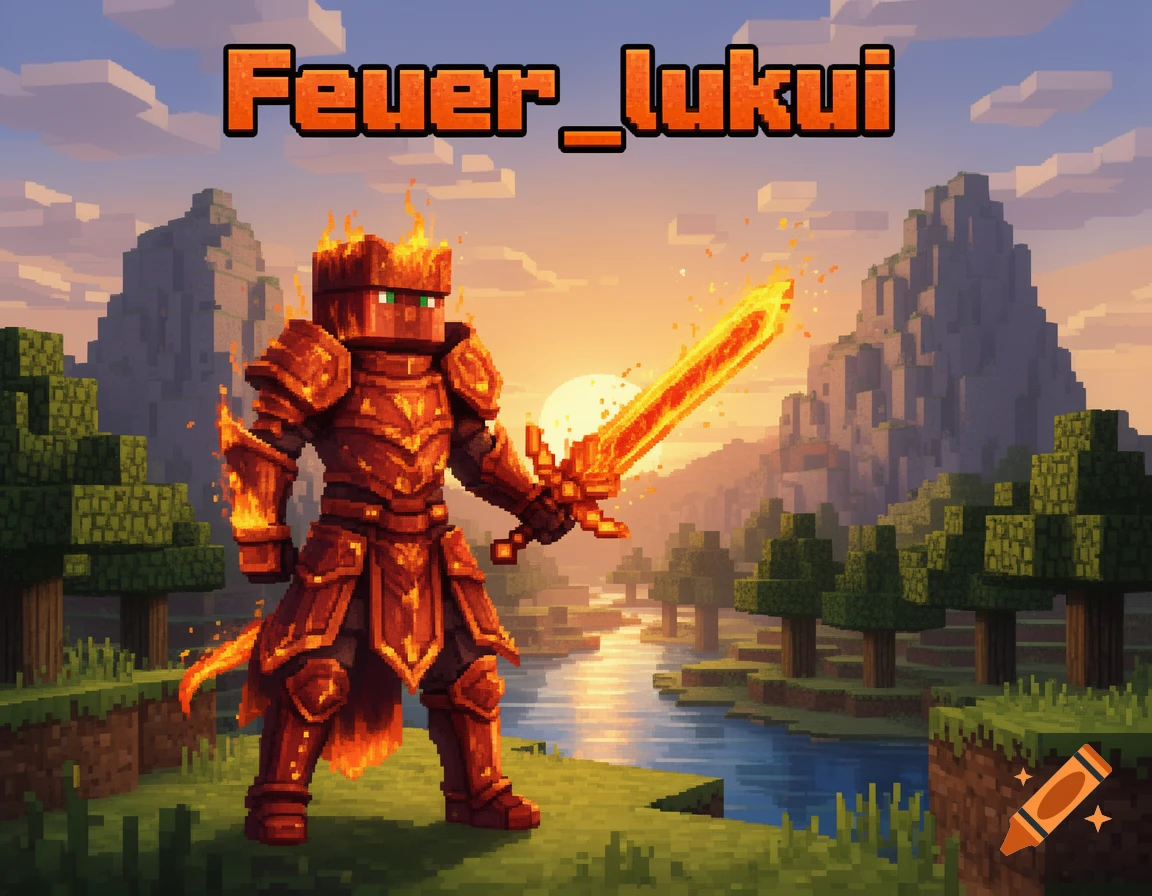 Pixel art character in fiery armor with a glowing sword, standing in a Minecraft-style landscape under the text 'Feuer_lukui' at sunset.
