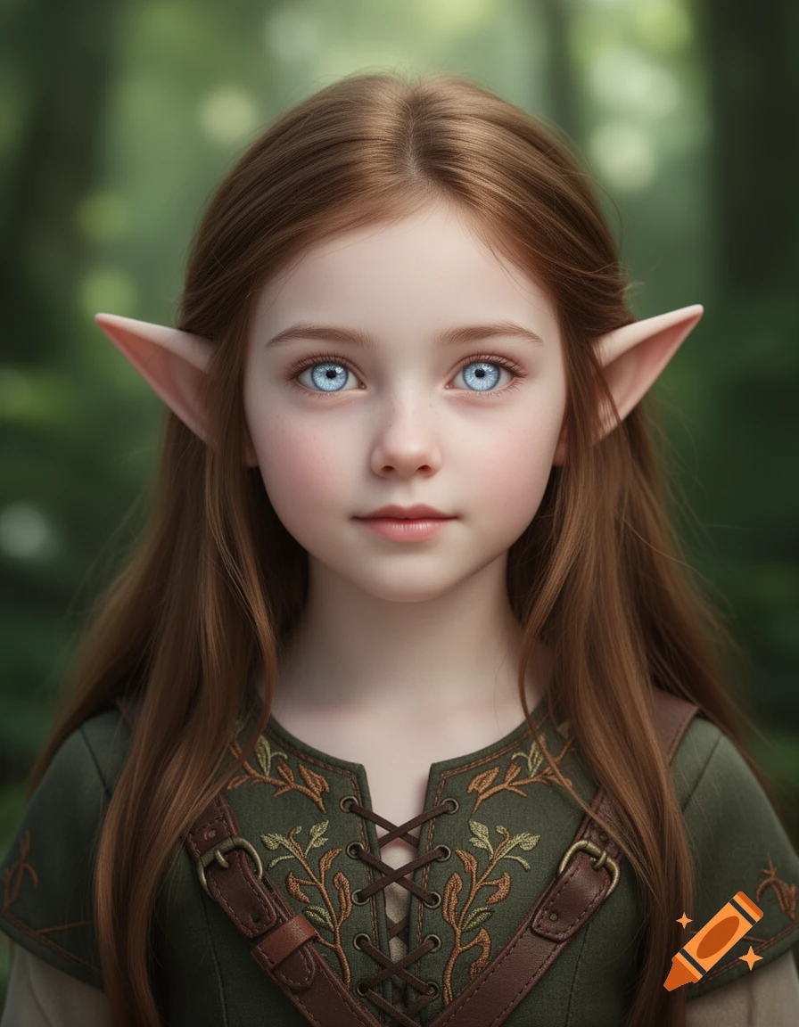 A semirealistic portrait of a young elf girl with chestnut hair, ice blue eyes, and pointed ears, wearing a green ranger tunic in a forest.