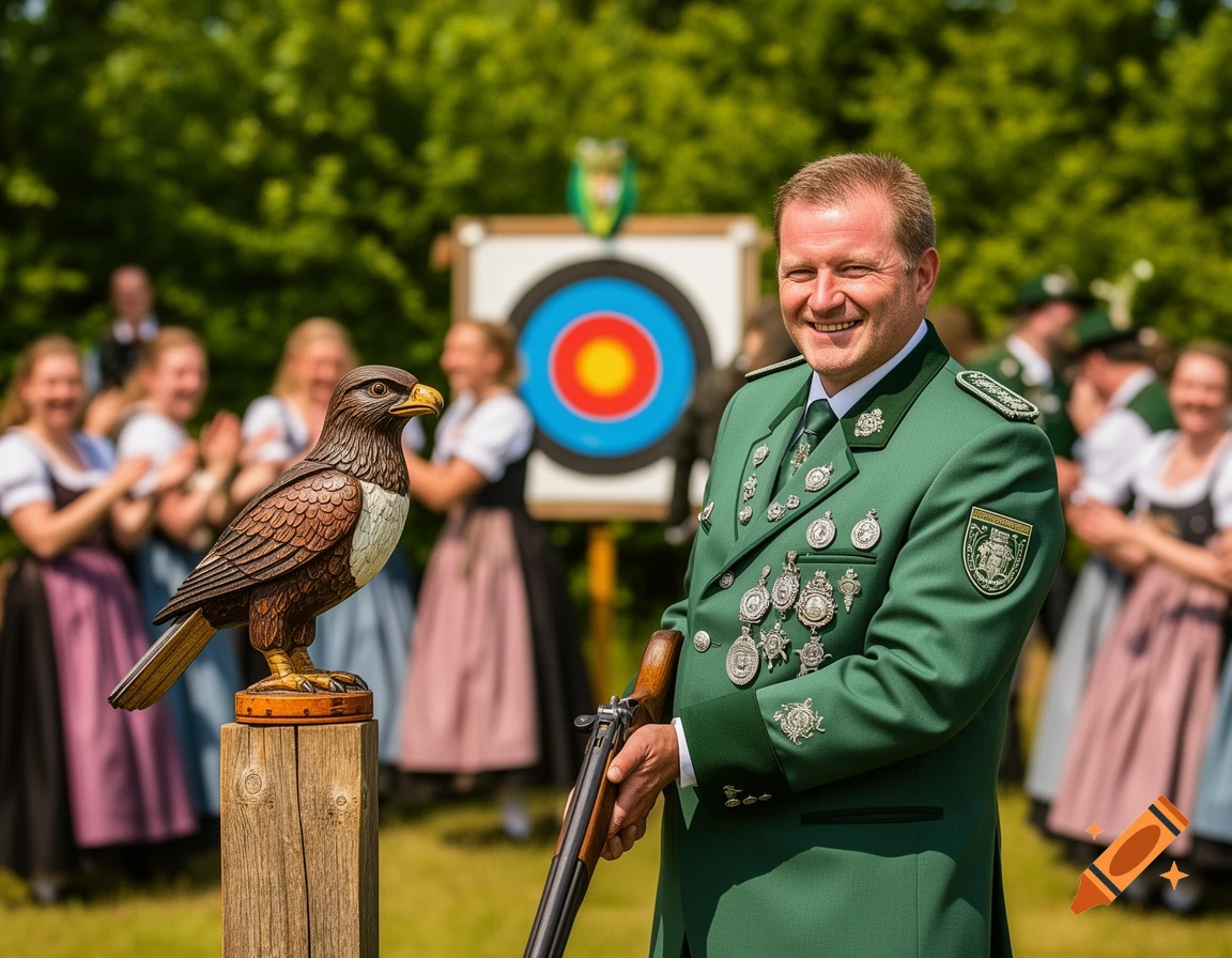 A smiling man in a green uniform adorned with medals holds a rifle, standing beside a wooden eagle statue. Blurred figures in traditional dresses and an archery target are in the sunny outdoor background.