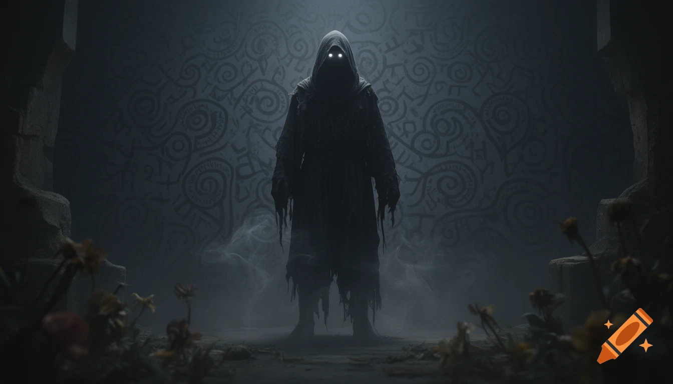 A dark, hooded figure with glowing eyes stands amidst fog in an ancient ruin with symbolic wall carvings.