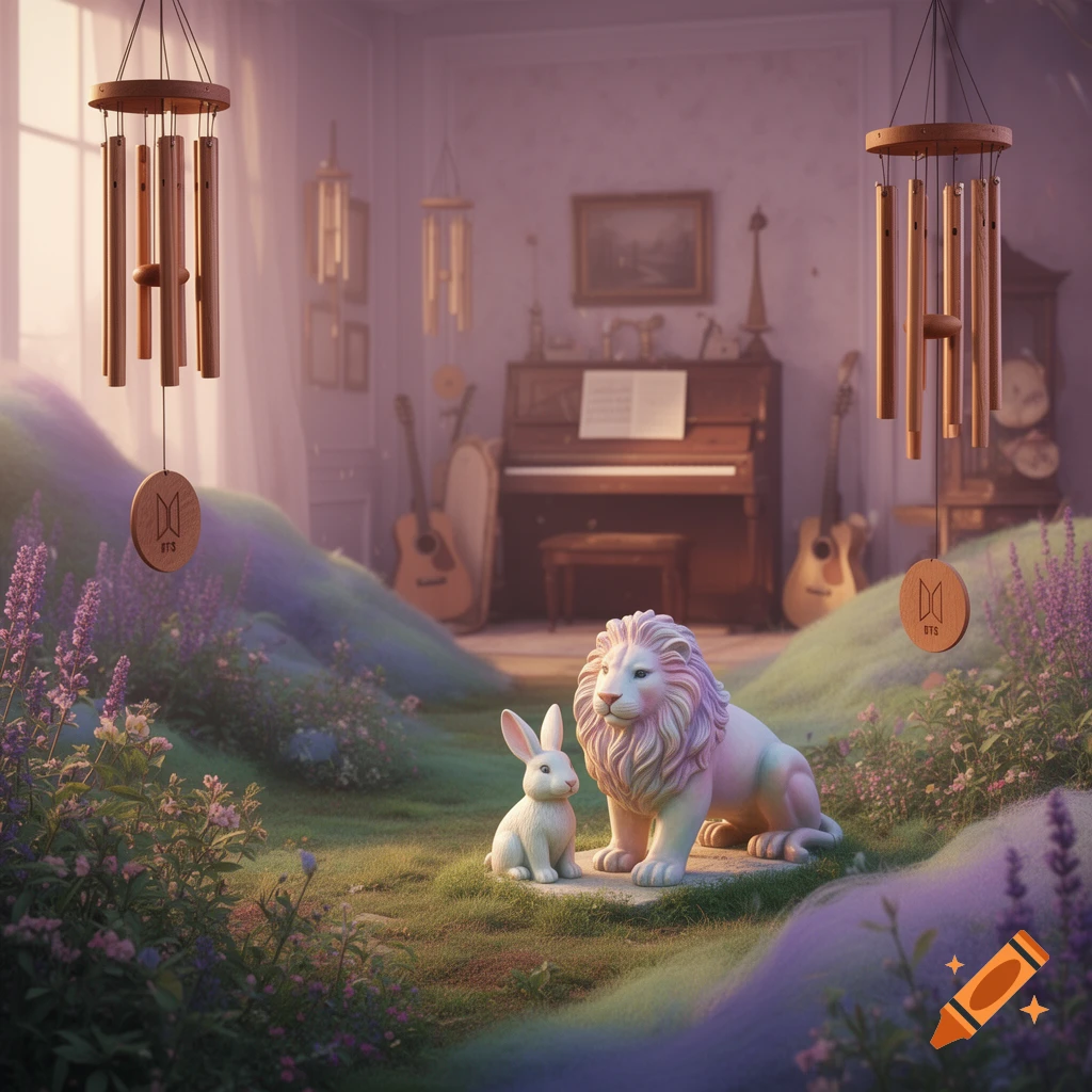 A pastel pink lion and a white rabbit sit on a grassy hill inside a whimsical room with a piano, guitars, and wind chimes featuring the BTS logo.