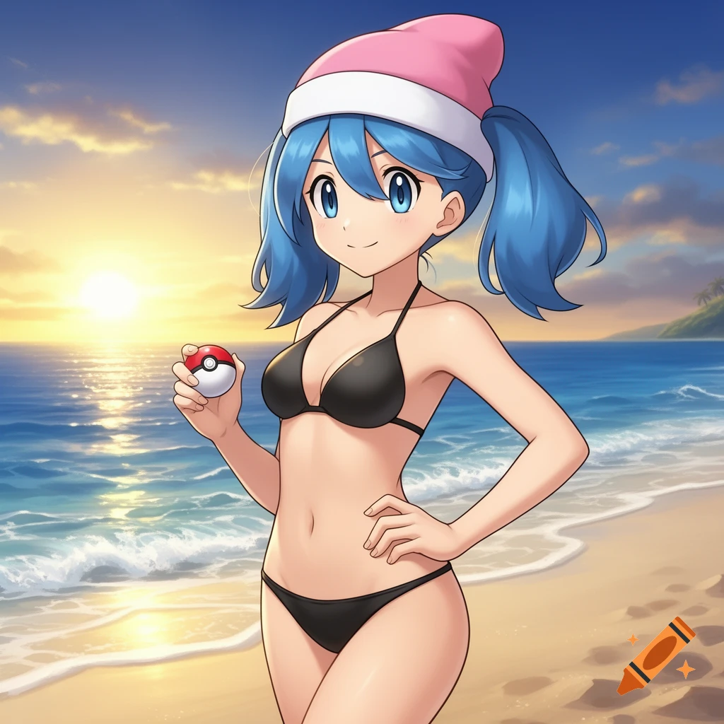 Anime girl Dawn from Pokemon in a black bikini poses on a beach at sunset, holding a Poke Ball.