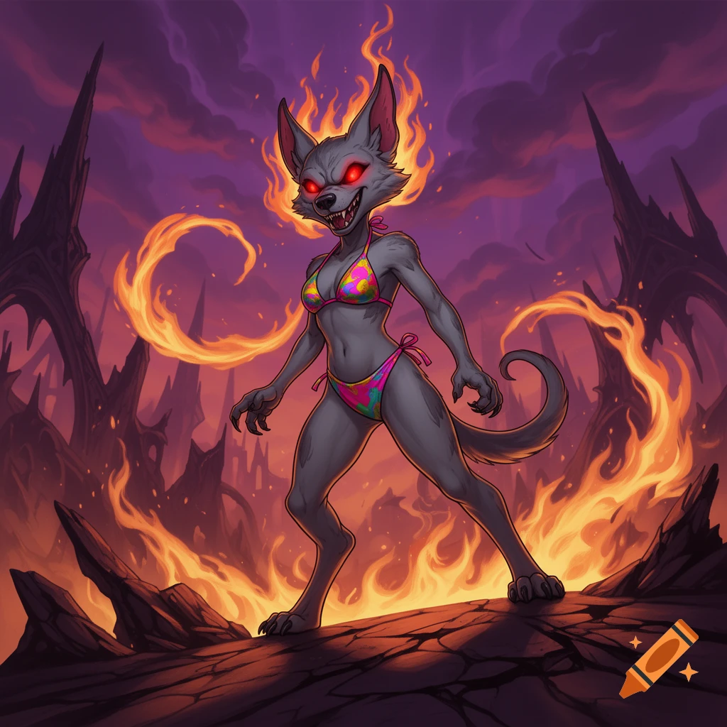 A gray anthro hellhound in a colorful bikini stands in a fiery hellscape under a purple sky, cartoon style.