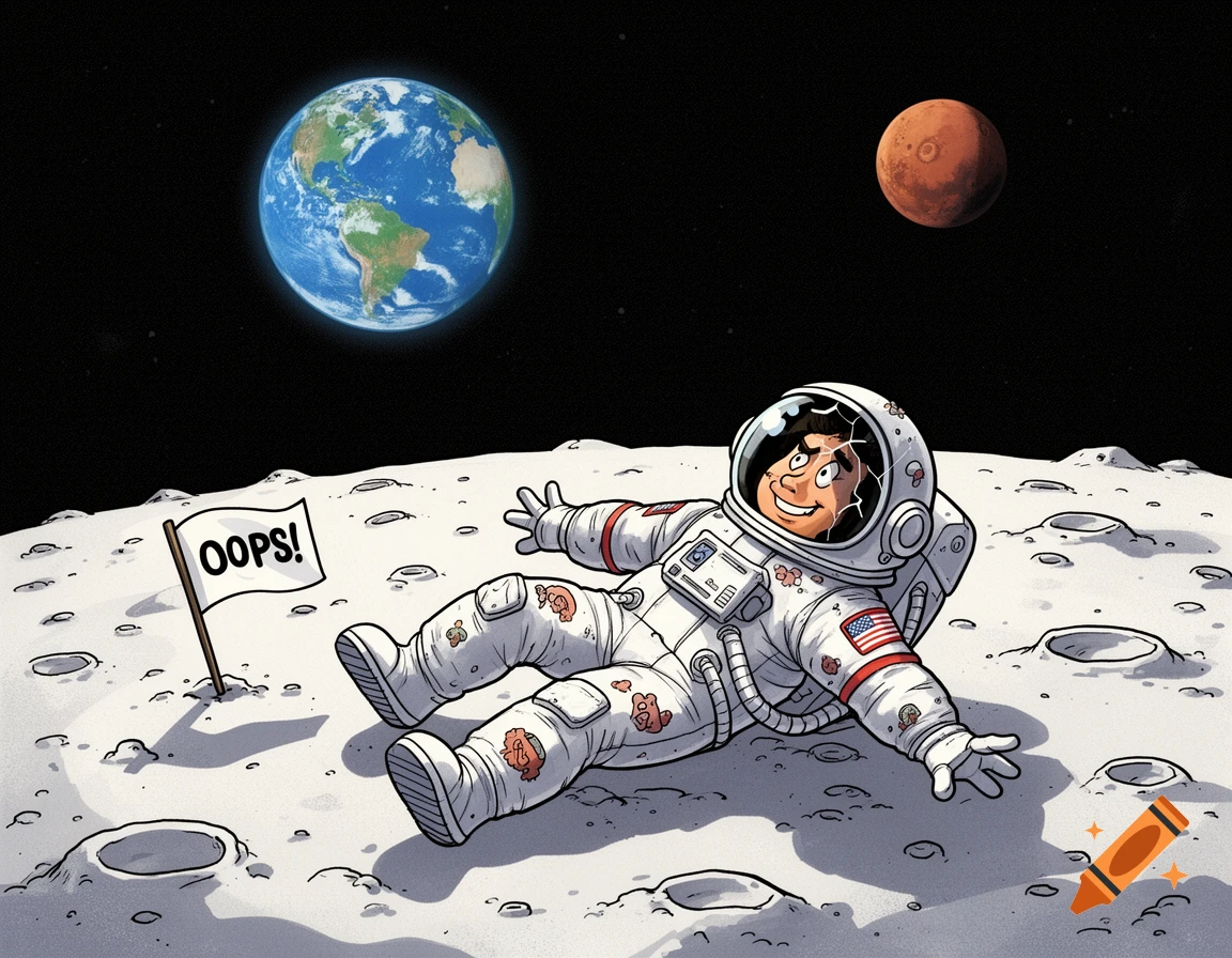 Cartoon astronaut with a cracked helmet lies battered on the moon next to an 'OOPS!' flag, with Earth and Mars visible in space.